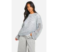Womens Petite Laddered Boucle Oversized Jumper - Grey - S, Grey