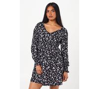 Womens Petite Lilac Animal Shirred Waist V Neck Mini Dress Black 6