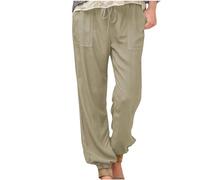 Womens Petite Linen Trousers Cuffed Leg Sale Ladies Loose Fit Solid Color Cotton Pants Women Petite Plus Size Elasticated Waist Yoga Workout Joggers Lightweight Comfy Summer Boyfriend Hiking Pants