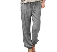 Womens Petite Linen Trousers Cuffed Leg Sale Ladies Loose Fit Solid Color Cotton Pants Women Petite Plus Size Elasticated Waist Yoga Workout Joggers Lightweight Comfy Summer Boyfriend Hiking Pants
