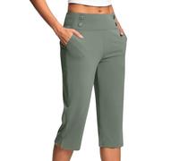 Womens Petite Linen Trousers Ladies Soft 3/4 Length Cropped Pants High Waist Stretch Pull on Bottoms Summer Golf Chino Joggers with Pockets Elegant Office Business