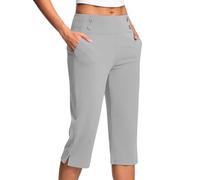 Womens Petite Linen Trousers Ladies Soft 3/4 Length Cropped Pants High Waist Stretch Pull on Bottoms Summer Golf Chino Joggers with Pockets Elegant Office Business