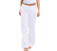 Womens Petite Linen Trousers Loose Womens Clothing Summer Solid Color Elastic Waist Cotton Wide Leg Pants Casual Loose Lace Up Pants for Women Winters Joggers Plain Gym Sport Jogger Sweatpants White