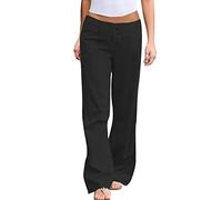 Womens Petite Linen Trousers Loose Womens Clothing Summer Solid Color Elastic Waist Cotton Wide Leg Pants Casual Loose Lace Up Pants for Women Winters Joggers Plain Gym Sport Jogger Sweatpants Black