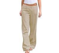 Womens Petite Linen Trousers Loose Womens Clothing Summer Solid Color Elastic Waist Cotton Wide Leg Pants Casual Loose Lace Up Pants for Women Winters Joggers Plain Gym Sport Jogger Sweatpants Khaki