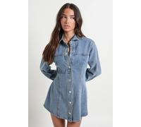 Womens Petite Long Sleeve Cinched Waist Denim Dress - Blue - 10, Blue