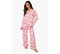 Womens Petite Mixed Bow & Heart Print Long Sleeve Shirt & Trousers Pyjama Set - White - 12, White