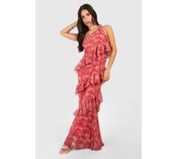 Womens Petite Paisley Ruffle One Shoulder Maxi Dress - Orange - 14, Orange