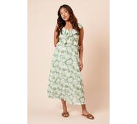 Womens Petite Palm Frill Neckline Tie Back Midi Dress Green 6