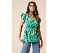 Womens Petite Palm Printed Flutter Sleeve Peplum Jersey Top Green 8
