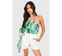 Womens Petite Pleated Wide Angel Sleeve Bodysuit - Green - 10, Green