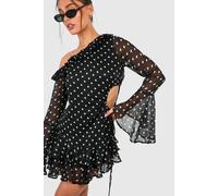 Womens Petite Polka Dot Chiffon Mini Dress - Black - 14, Black