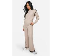 Womens Petite Premium Heavyweight Contrast Trim Jumper And Trouser Knitted Set - Beige - S, Beige