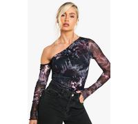 Womens Petite Printed Mesh Asym Shoulder Bodysuit - Purple - 16, Purple