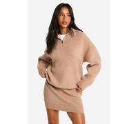 Womens Petite Rib Knit Half Zip Jumper And Mini Skirt Co Ord - Beige - L, Beige