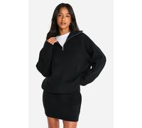 Womens Petite Rib Knit Half Zip Jumper And Mini Skirt Co Ord - Black - L, Black