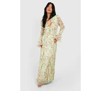 Womens Petite Ruffle Floral Jacquard Chiffon Maxi Dress - Green - 12, Green