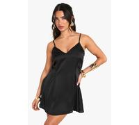 Womens Petite Satin Strappy Skater Mini Dress - Black - 14, Black