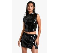 Womens Petite Sequin High Neck Top - Black - 14, Black