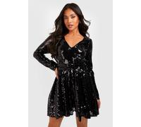Womens Petite Sequin Wrap Belted Skater Dress - Black - 8, Black