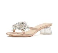 Women's Petite Size Square Toe Low Block Heel Sandals - Summer Beach Sandals for Wedding, Office, Daily, Party, Shopping & Walking,Nude,6 UK