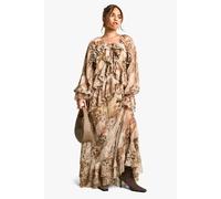 Womens Petite Snake Ruffle Detail Chiffon Maxi Dress - Beige - 14, Beige