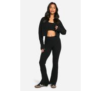 Womens Petite Soft Cable Knitted Cardigan, Crop Top And Flare Leg Trouser 3 Piece Set - Black - L, Black
