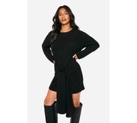 Womens Petite Soft Cable Oversized Tie Detail Knitted Mini Dress - Black - L, Black
