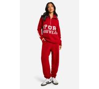 Womens Petite Sport Nouveau Knitted Zip Neck Oversized Jumper And Cuffed Jogger Set - Red - S, Red