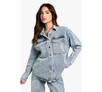Womens Petite Stud Detail Denim Oversized Shirt - Blue - 14, Blue