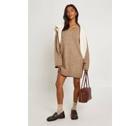Womens Petite Super Soft V Neck Knitted Mini Dress - Brown - M, Brown