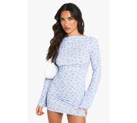 Womens Petite Textured Floral Long Sleeve Mini Dress - Blue - 14, Blue