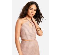 Womens Petite Textured Halter Keyhole Crop Top - Beige - 14, Beige