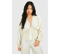 Womens Petite Textured Plisse Batwing Peplum Top - Beige - 8, Beige