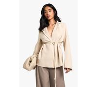 Womens Petite Textured Tie Detail Blazer - Cream - 12, Cream