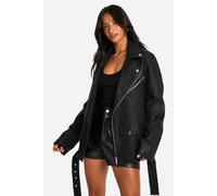 Womens Petite Ultimate Oversized Faux Leather Biker Jacket - Black - 8, Black