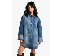 Womens Petite Utility Turn Cuff Denim Oversized Shirt Dress - Blue - 18, Blue