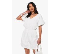 Womens Petite V Neck Extreme Puff Sleeve Mini Skater Dress - White - 12, White