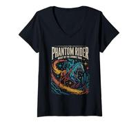 Womens Phantom space rider galloping fire trail through stars V-Neck T-Shirt