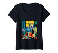 Womens Philadelphia City Skyline Tuxedo Cat Illustration V-Neck T-Shirt
