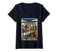 Women's Philadelphia Skyline Pennsylvania Retro Vintage Art V-Neck T-Shirt