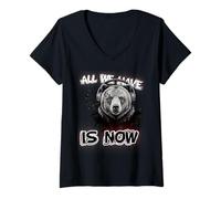 Womens Philosophical Bear Art - Inspiring Music Graphic V-Neck T-Shirt