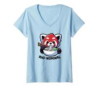 Women's Pho-Nominal Red Panda Bear with Bowl Hot Noodle Soup V-Neck T-Shirt