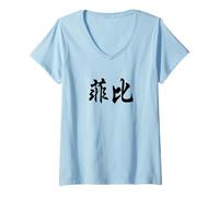 Womens Phoebe Written in Chinese Writing V-Neck T-Shirt