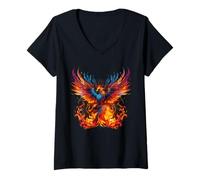 Womens Phoenix Rising Fire Phoenix Bird Mythical Bird Rejuvenation V-Neck T-Shirt
