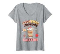 Womens Phonemes Graphemes and Caffeine Lover for Reading Teachers V-Neck T-Shirt
