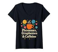Womens Phonemes Graphemes & Caffeine Teacher Reading Back to School V-Neck T-Shirt