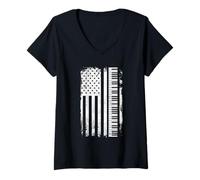 Womens Piano American Flag Music Lover Pianist Teacher 4th of July V-Neck T-Shirt