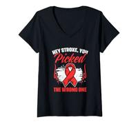 Womens Picked The Wrong Stroke Survivor Red Ribbon Stroke Awareness V-Neck T-Shirt