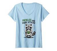 Womens Pickles and Panic Attacks Funny Raccoon V-Neck T-Shirt